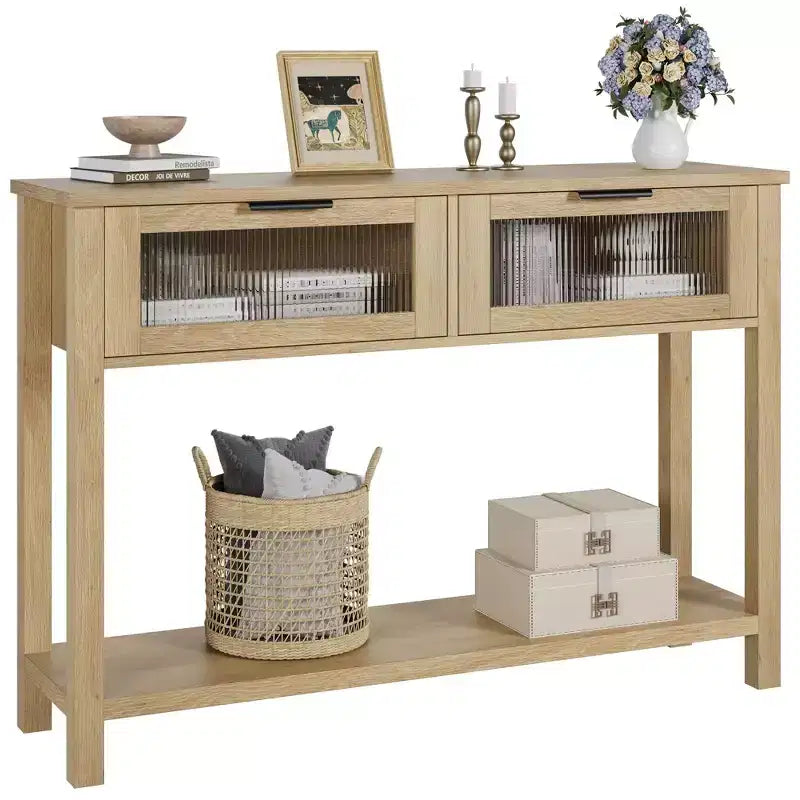Tavolo Consolle Moderno Stretto Nero/Marrone/Color Legno con 2 Cassetti, 2 Ripiani, Montaggio per 1 Persona