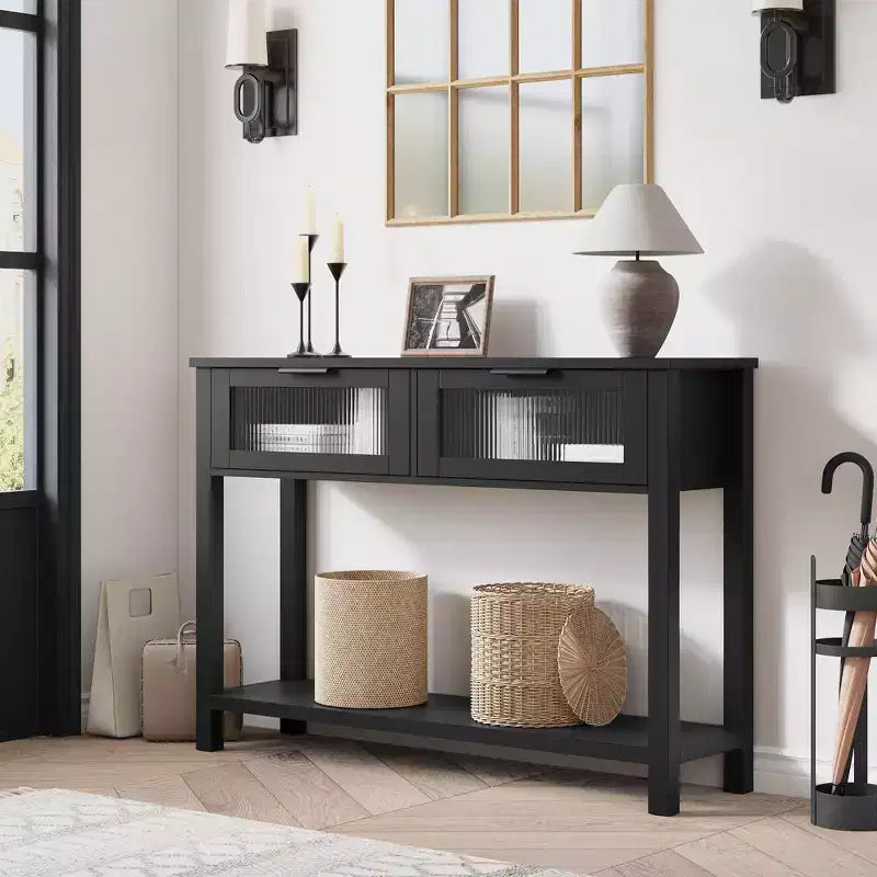 Tavolo Consolle Moderno Stretto Nero/Marrone/Color Legno con 2 Cassetti, 2 Ripiani, Montaggio per 1 Persona