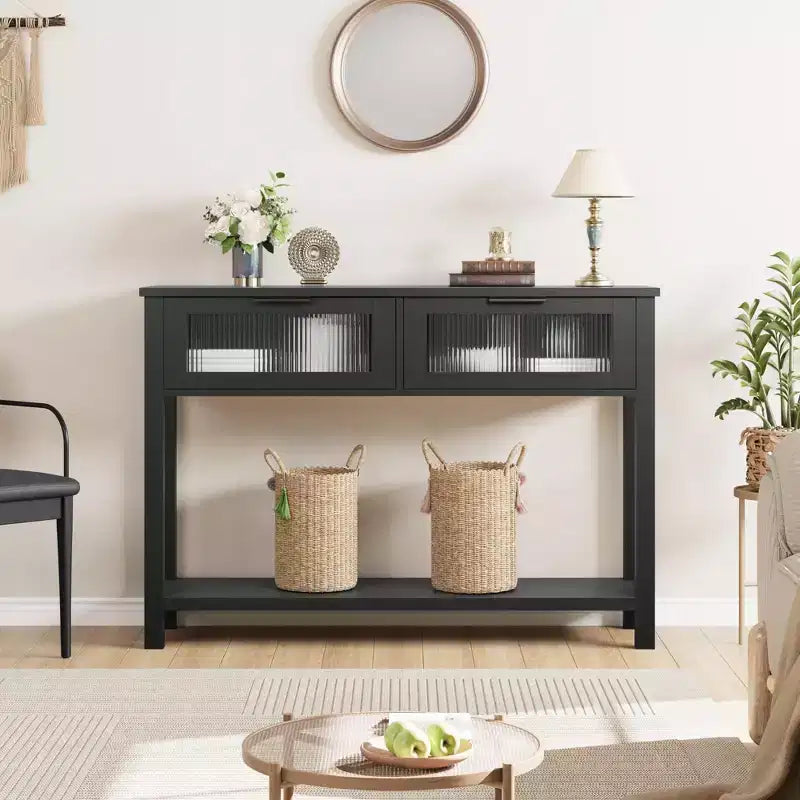 Tavolo Consolle Moderno Stretto Nero/Marrone/Color Legno con 2 Cassetti, 2 Ripiani, Montaggio per 1 Persona