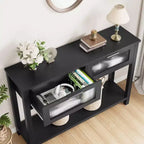 Tavolo Consolle Moderno Stretto Nero/Marrone/Color Legno con 2 Cassetti, 2 Ripiani, Montaggio per 1 Persona