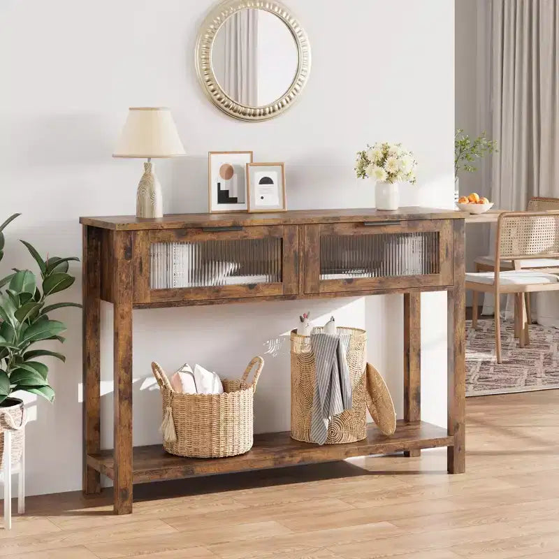 Tavolo Consolle Moderno Stretto Nero/Marrone/Color Legno con 2 Cassetti, 2 Ripiani, Montaggio per 1 Persona