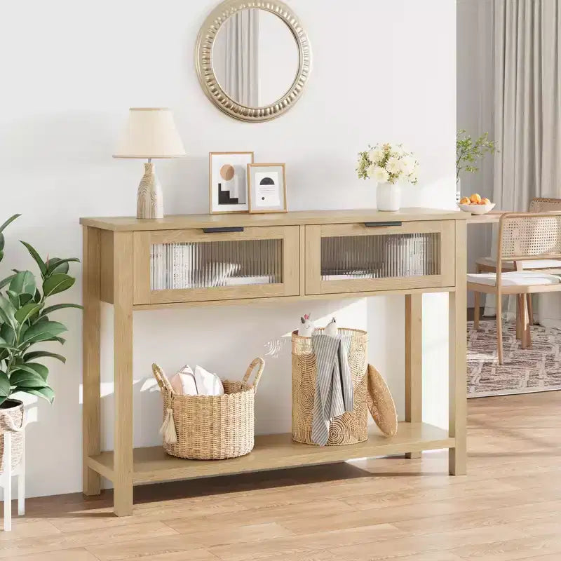 Tavolo Consolle Moderno Stretto Nero/Marrone/Color Legno con 2 Cassetti, 2 Ripiani, Montaggio per 1 Persona