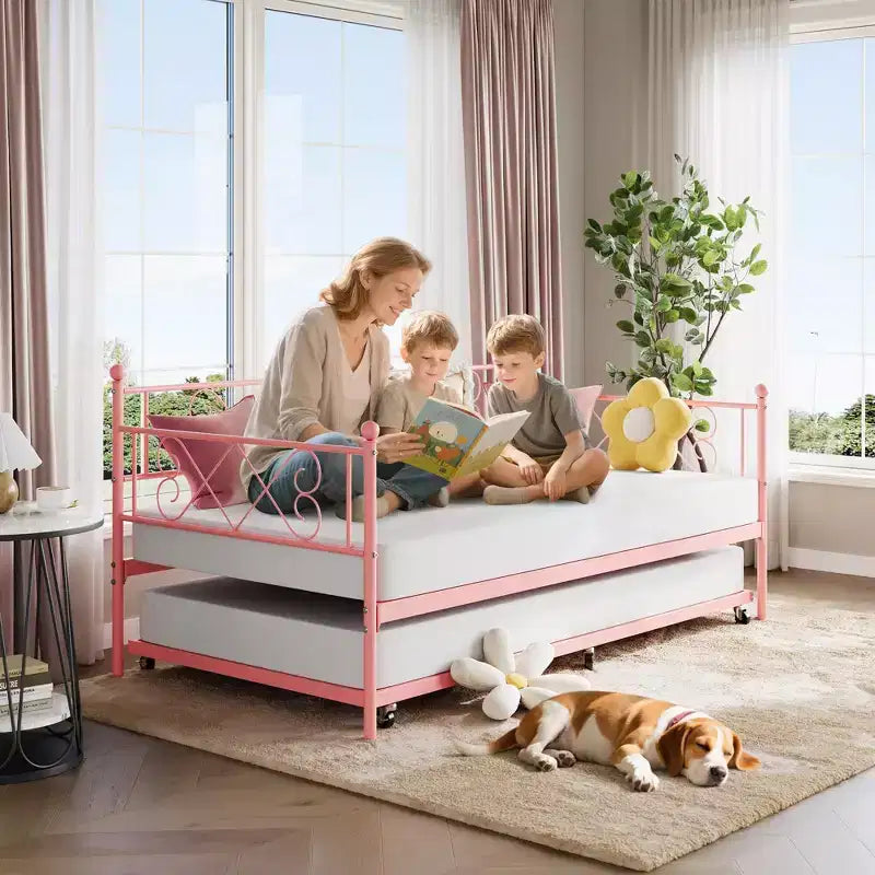 Letto a giorno in metallo con letto estraibile – Nero/Rosa/Viola/Bianco, 2 posti letto