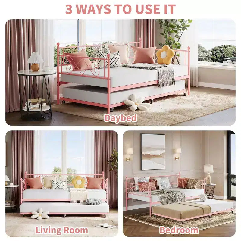 Letto a giorno in metallo con letto estraibile – Nero/Rosa/Viola/Bianco, 2 posti letto