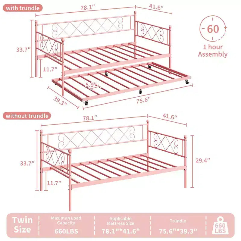 Letto a giorno in metallo con letto estraibile – Nero/Rosa/Viola/Bianco, 2 posti letto