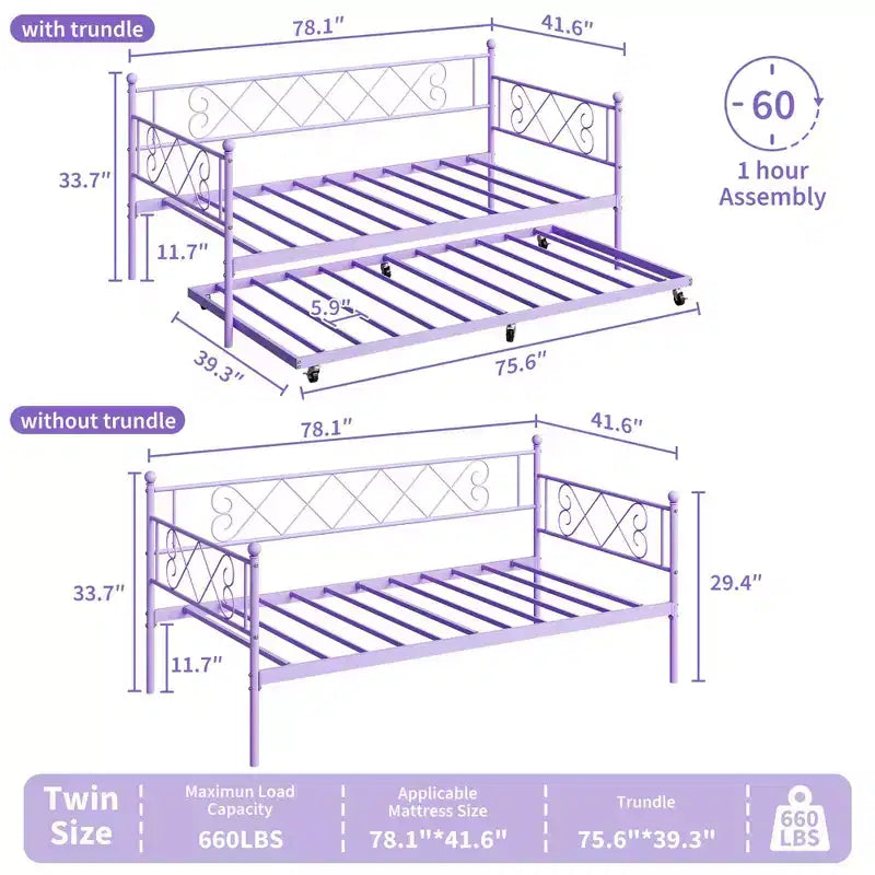 Letto a giorno in metallo con letto estraibile – Nero/Rosa/Viola/Bianco, 2 posti letto