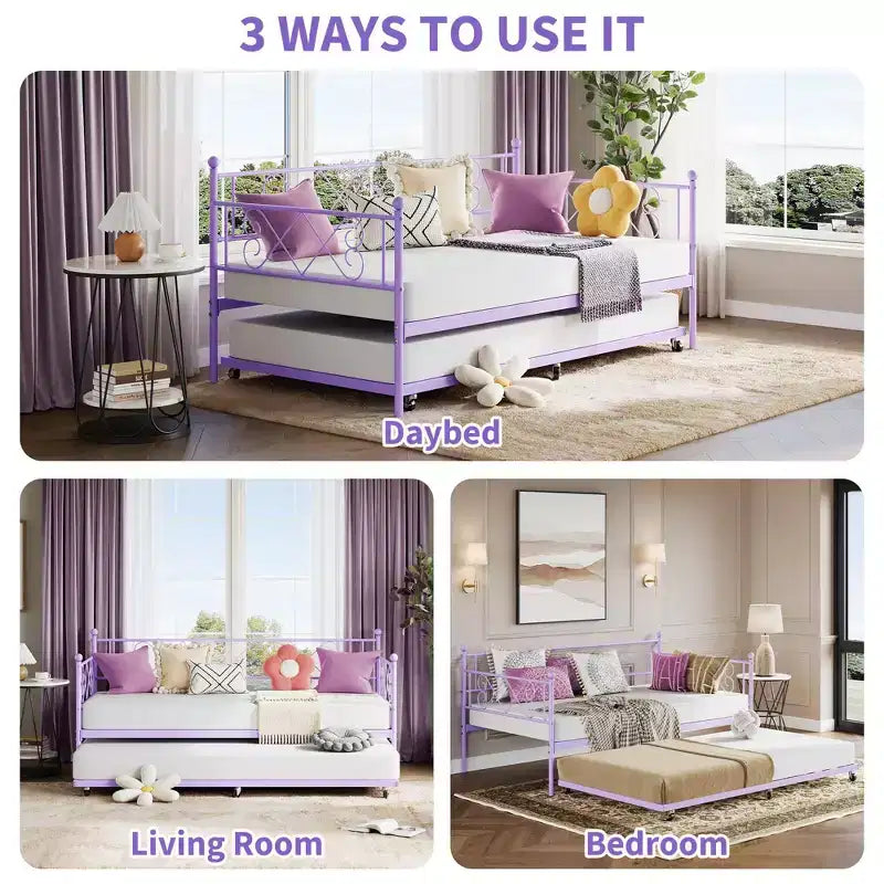 Letto a giorno in metallo con letto estraibile – Nero/Rosa/Viola/Bianco, 2 posti letto