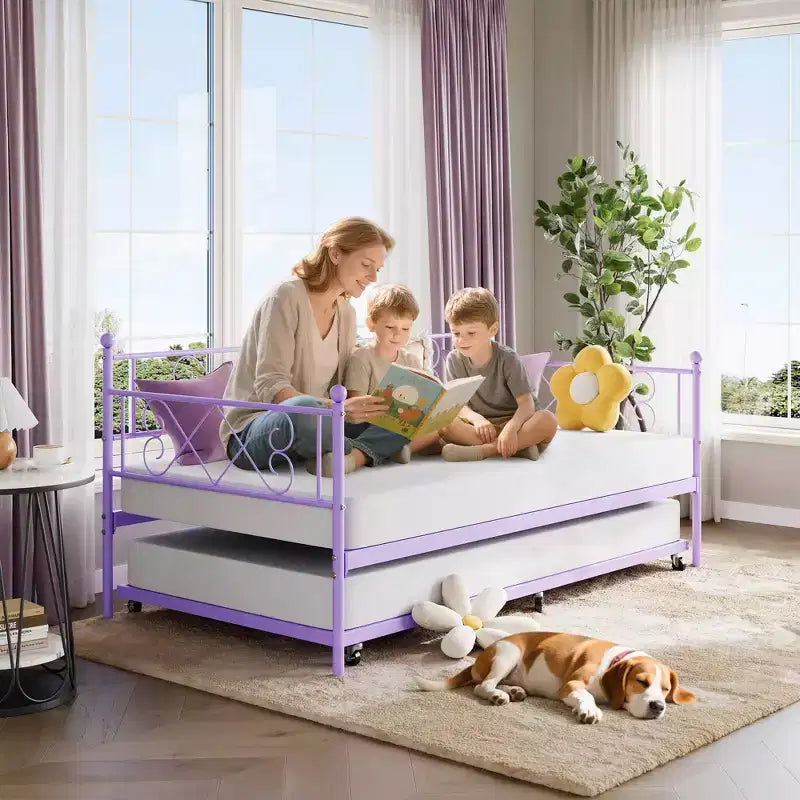 Letto a giorno in metallo con letto estraibile – Nero/Rosa/Viola/Bianco, 2 posti letto