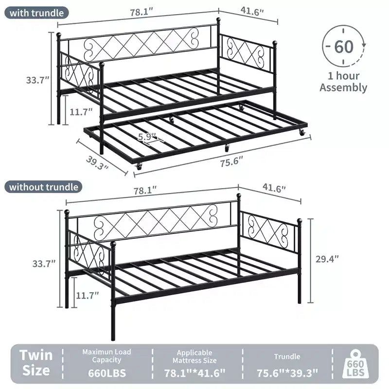 Letto a giorno in metallo con letto estraibile – Nero/Rosa/Viola/Bianco, 2 posti letto