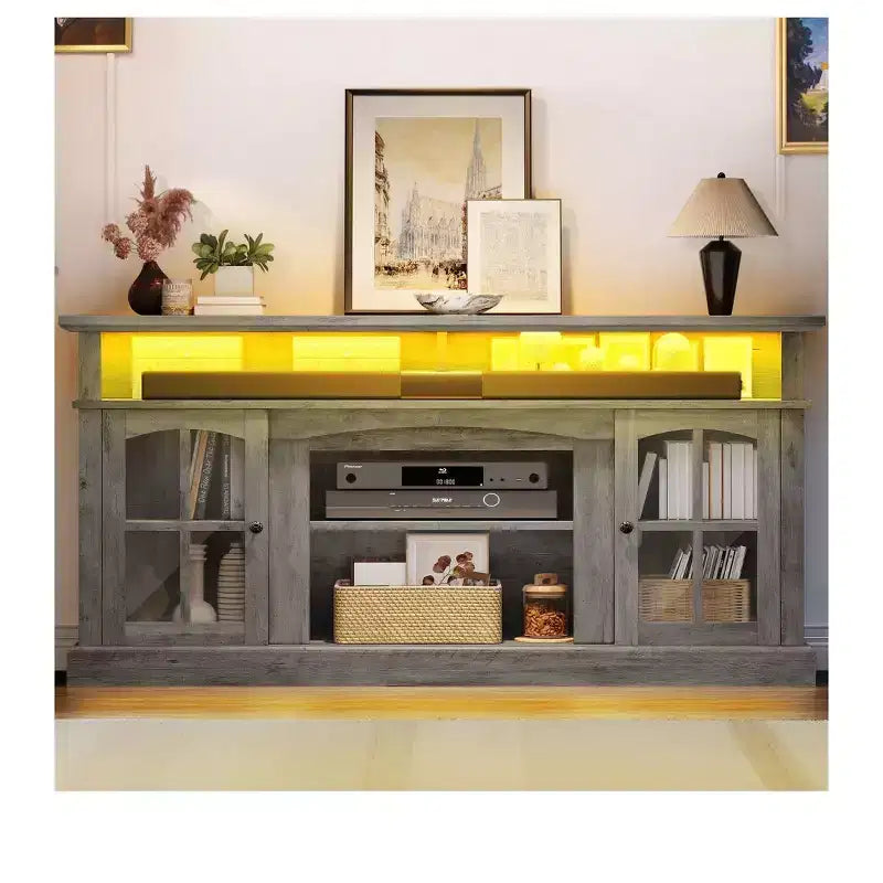 Mobile TV grigio in stile rustico con LED RGB e ante in vetro, adatto a TV fino a 70", 1 pezzo
