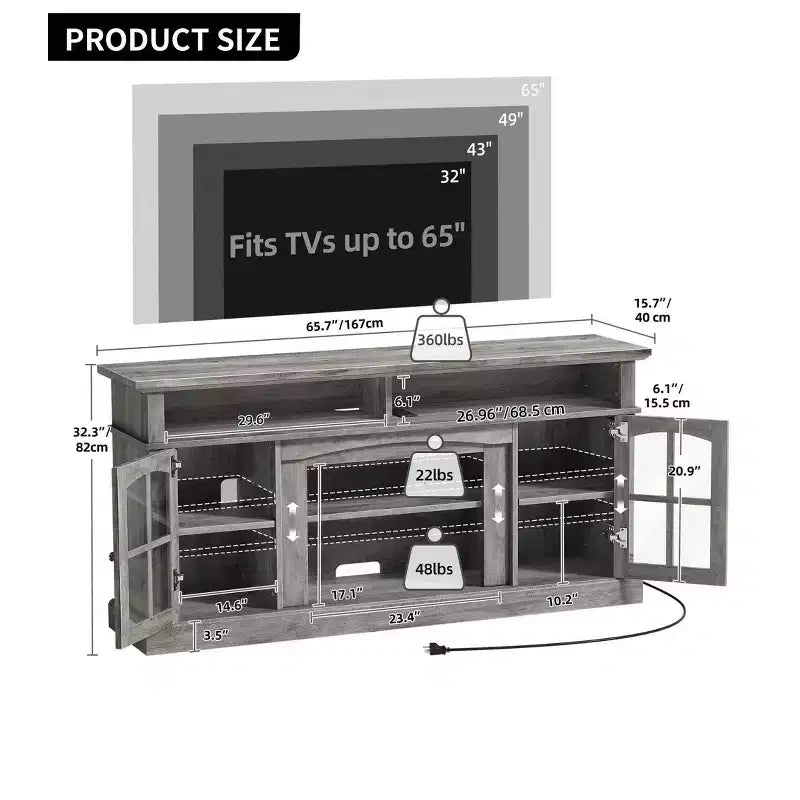 Mobile TV grigio in stile rustico con LED RGB e ante in vetro, adatto a TV fino a 70", 1 pezzo