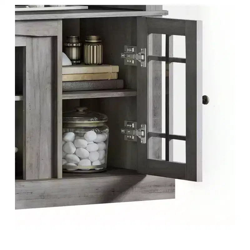 Mobile TV grigio in stile rustico con LED RGB e ante in vetro, adatto a TV fino a 70", 1 pezzo