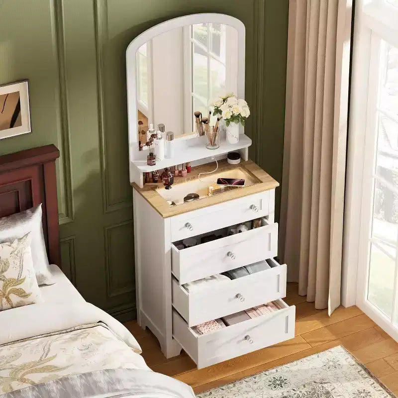 Acekool 4 Drawer Dresser with Mirror, Charging Station & Glass Top, Modern Makeup Vanity Cabinet for Bedroom, Living Room, Entryway