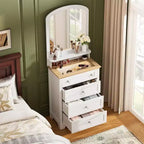 Acekool 4 Drawer Dresser with Mirror, Charging Station & Glass Top, Modern Makeup Vanity Cabinet for Bedroom, Living Room, Entryway