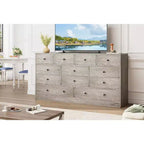Comò a 12 cassetti largo con prese di corrente – Marrone scuro / Grigio chiaro / Bianco