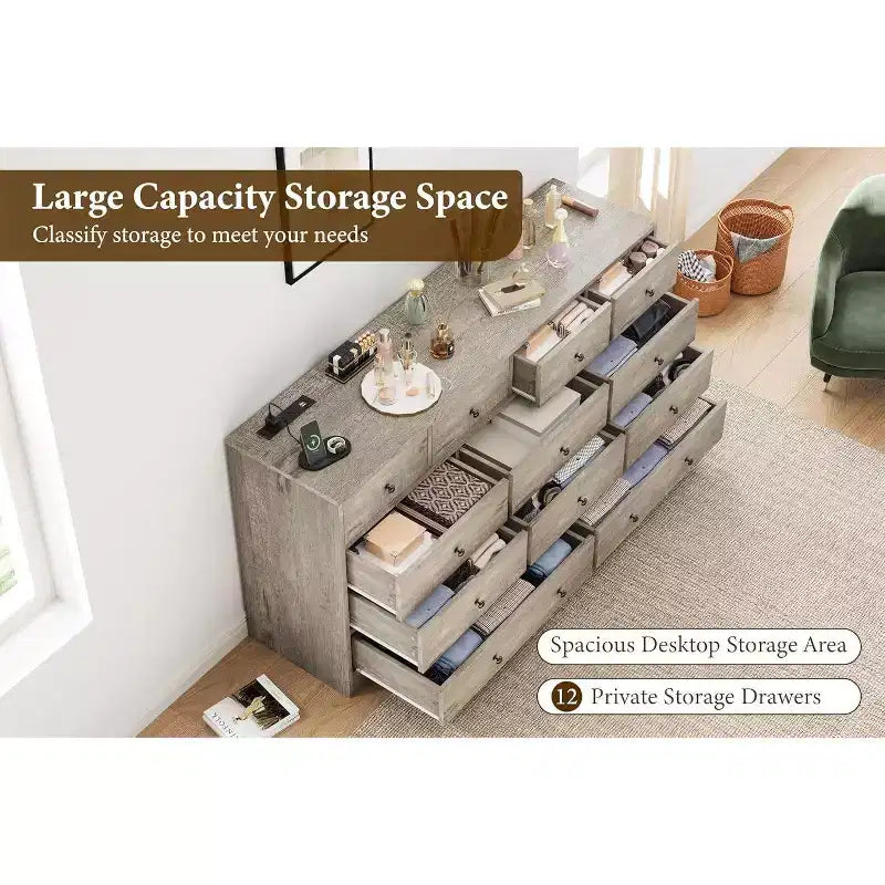 Comò a 12 cassetti largo con prese di corrente – Marrone scuro / Grigio chiaro / Bianco