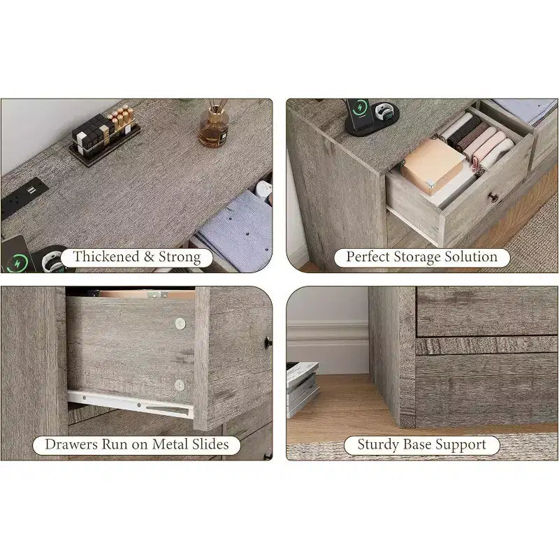 Comò a 12 cassetti largo con prese di corrente – Marrone scuro / Grigio chiaro / Bianco