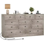 Comò a 12 cassetti largo con prese di corrente – Marrone scuro / Grigio chiaro / Bianco