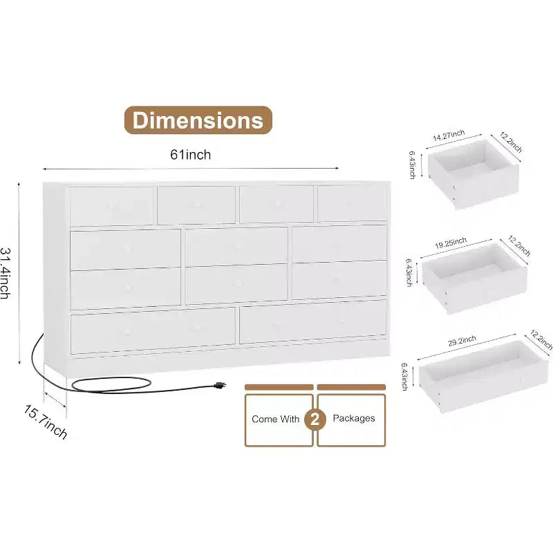 Comò a 12 cassetti largo con prese di corrente – Marrone scuro / Grigio chiaro / Bianco