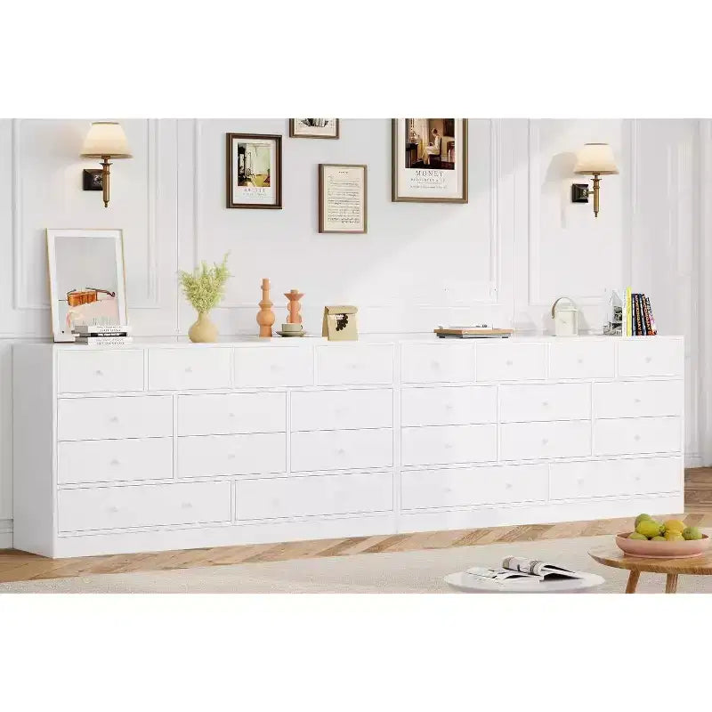 Comò a 12 cassetti largo con prese di corrente – Marrone scuro / Grigio chiaro / Bianco
