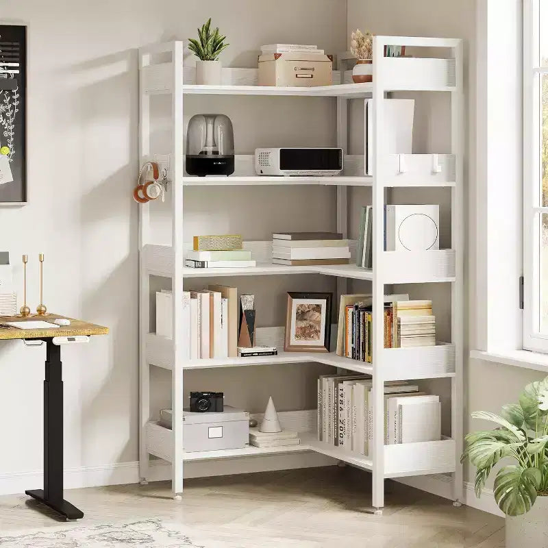Libreria angolare a 5 ripiani con 4 ganci, convertibile a L o dritta, Nera/Bianca
