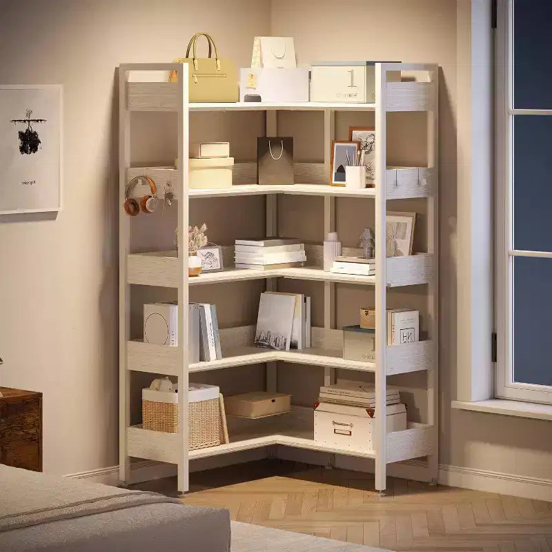 Libreria angolare a 5 ripiani con 4 ganci, convertibile a L o dritta, Nera/Bianca