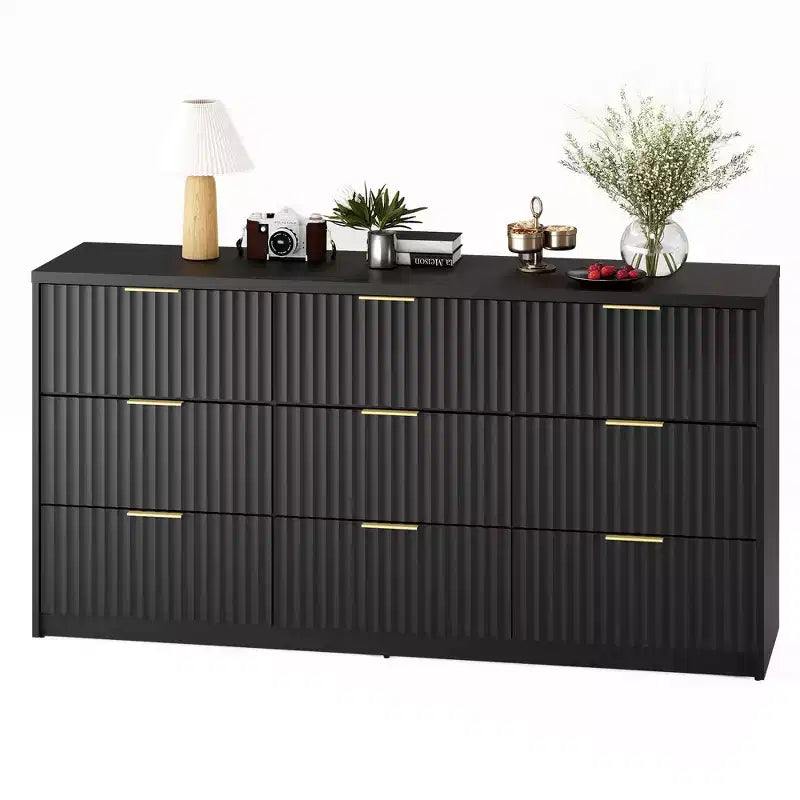 Nero/legno naturale, comò basso a 9 cassetti, per utente singolo