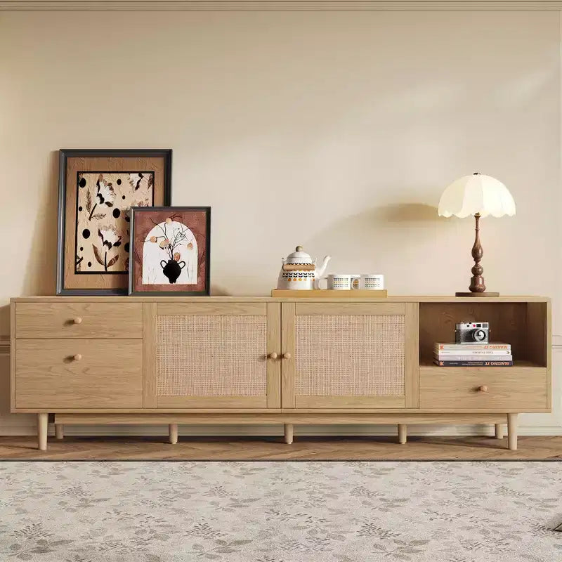 Mobile TV in Rattan Naturale Marrone da 194,5 cm, Stile Boho, Adatto per TV fino a 85"