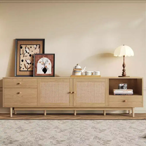 Mobile TV in Rattan Naturale Marrone da 194,5 cm, Stile Boho, Adatto per TV fino a 85"