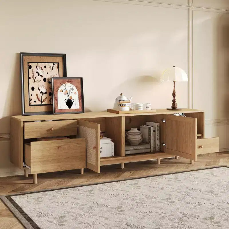 Mobile TV in Rattan Naturale Marrone da 194,5 cm, Stile Boho, Adatto per TV fino a 85"