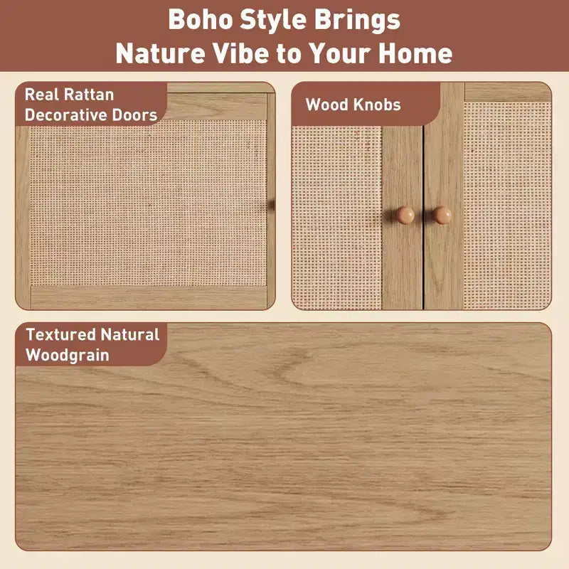Mobile TV in Rattan Naturale Marrone da 194,5 cm, Stile Boho, Adatto per TV fino a 85"