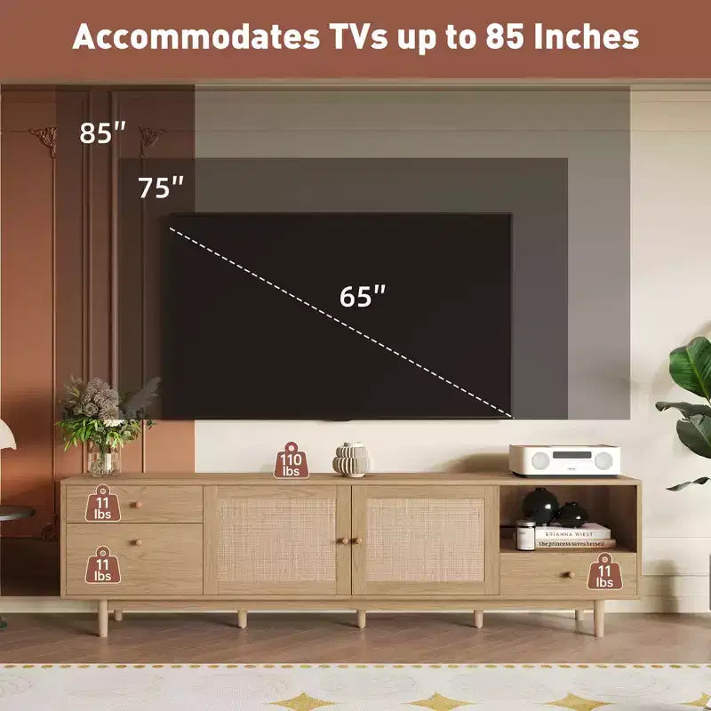 Mobile TV in Rattan Naturale Marrone da 194,5 cm, Stile Boho, Adatto per TV fino a 85"