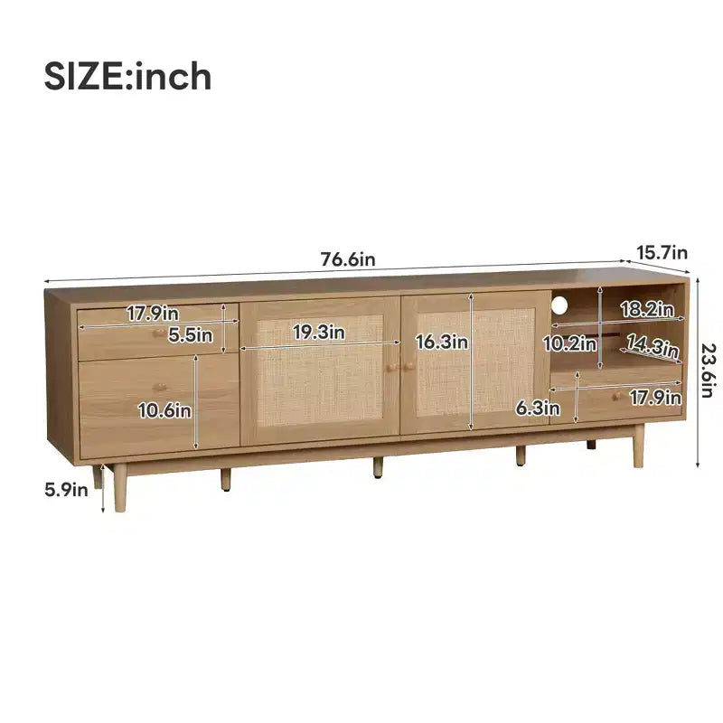 Mobile TV in Rattan Naturale Marrone da 194,5 cm, Stile Boho, Adatto per TV fino a 85"