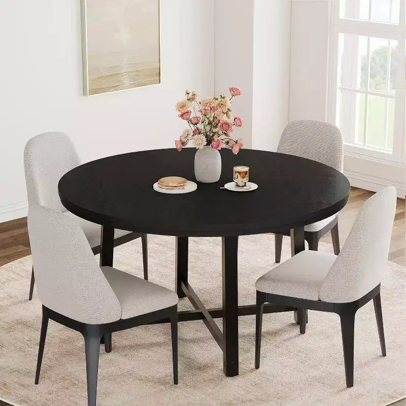Tavolo da pranzo rotondo, beige/nero/marrone/grigio, 4 posti, struttura in metallo e piano in MDF