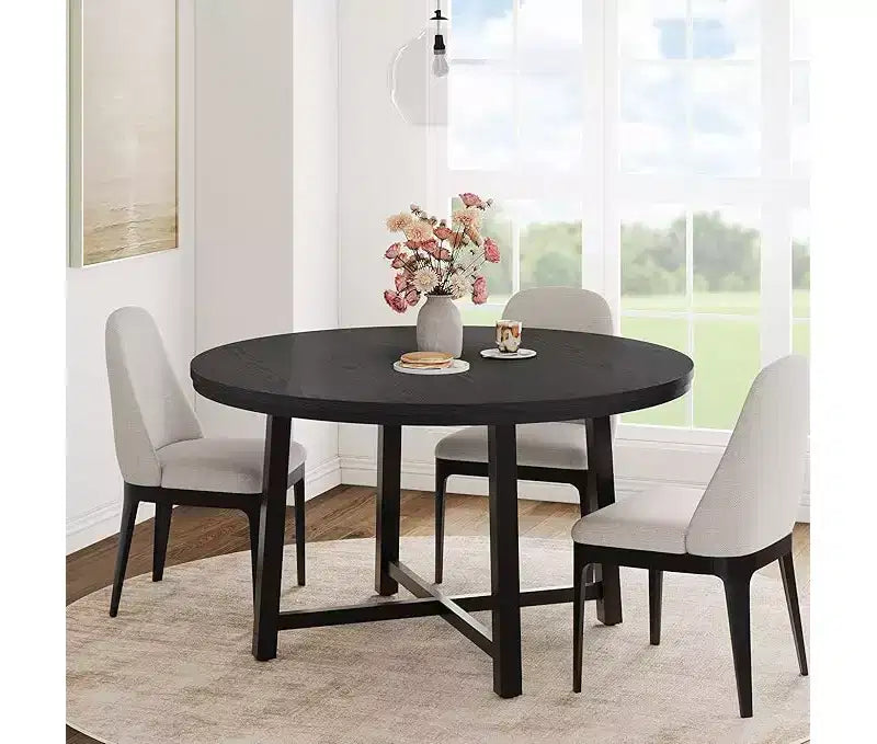 Tavolo da pranzo rotondo, beige/nero/marrone/grigio, 4 posti, struttura in metallo e piano in MDF
