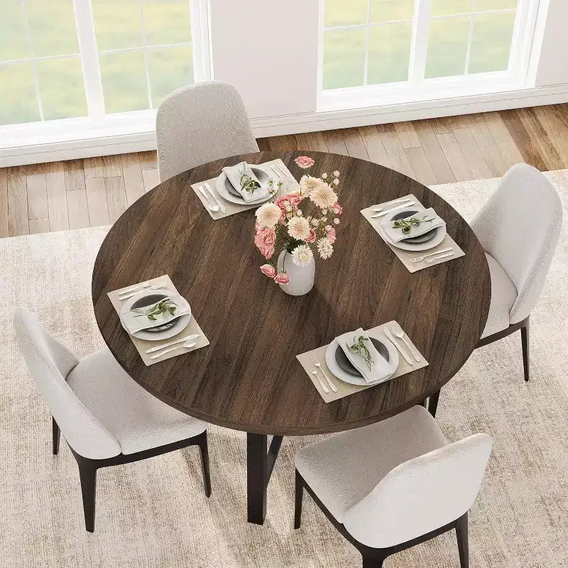Tavolo da pranzo rotondo, beige/nero/marrone/grigio, 4 posti, struttura in metallo e piano in MDF