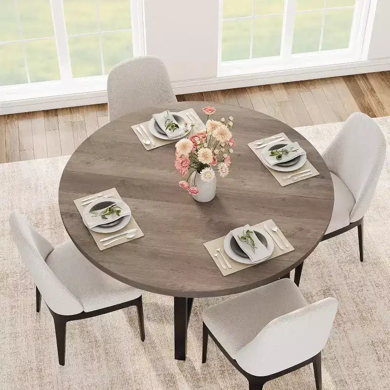 Tavolo da pranzo rotondo, beige/nero/marrone/grigio, 4 posti, struttura in metallo e piano in MDF