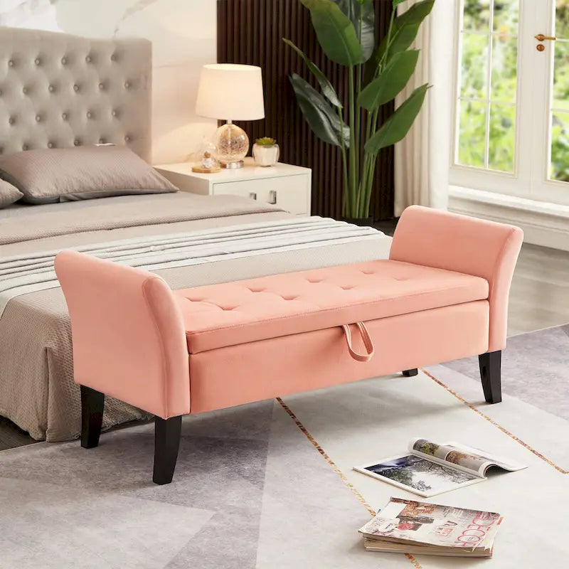 Panca contenitore per letto con braccioli curvi e gambe in legno massello