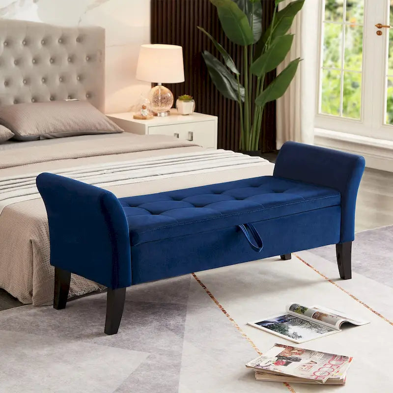 Panca contenitore per letto con braccioli curvi e gambe in legno massello