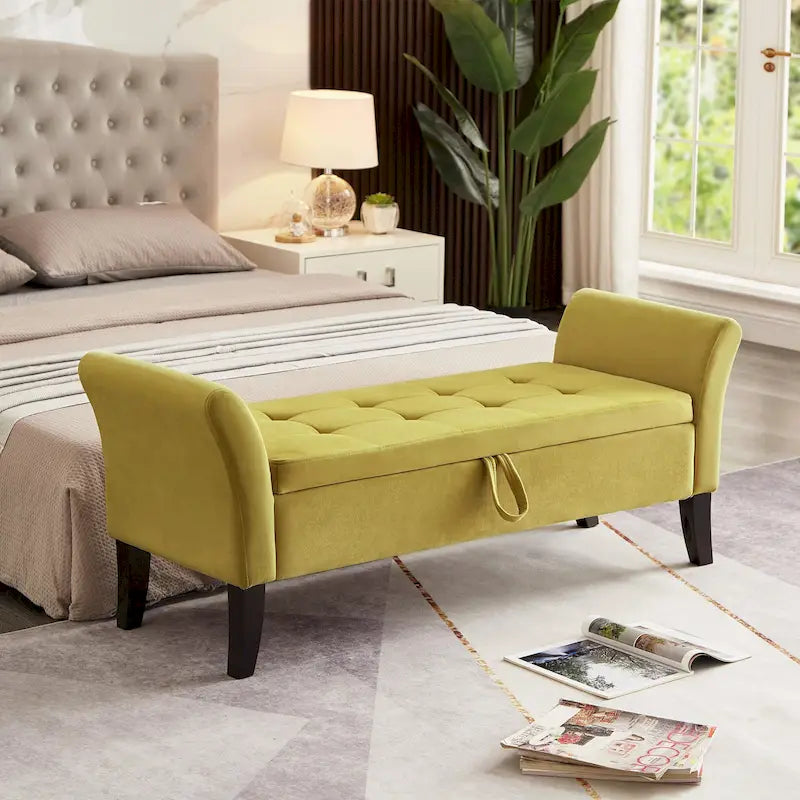 Panca contenitore per letto con braccioli curvi e gambe in legno massello