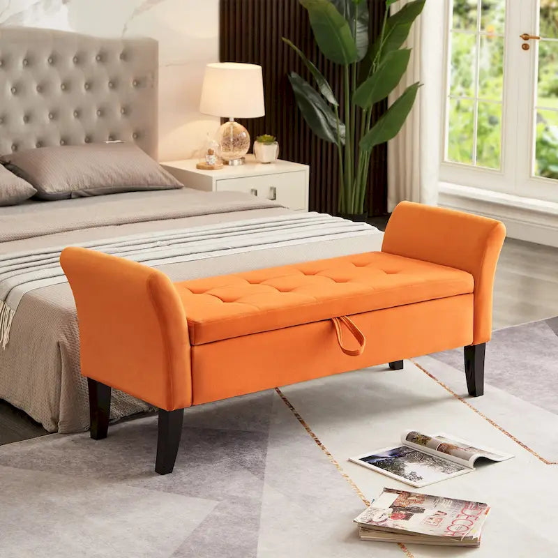 Panca contenitore per letto con braccioli curvi e gambe in legno massello