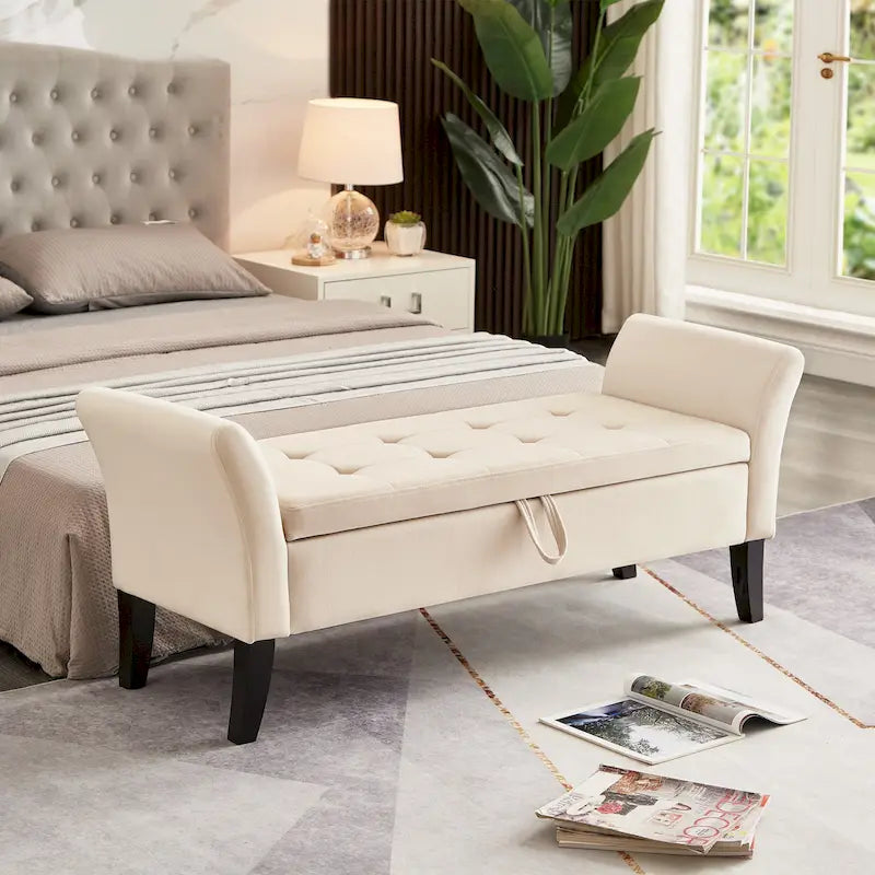 Panca contenitore per letto con braccioli curvi e gambe in legno massello