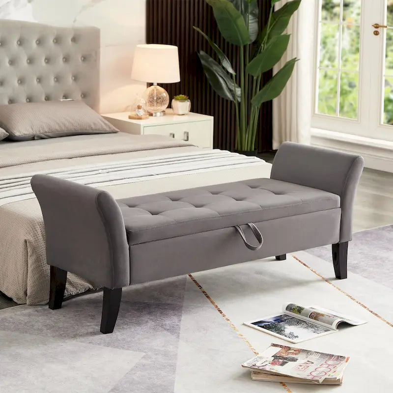 Panca contenitore per letto con braccioli curvi e gambe in legno massello