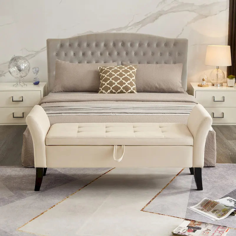 Panca contenitore per letto con braccioli curvi e gambe in legno massello