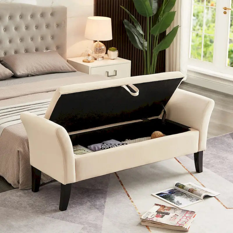 Panca contenitore per letto con braccioli curvi e gambe in legno massello