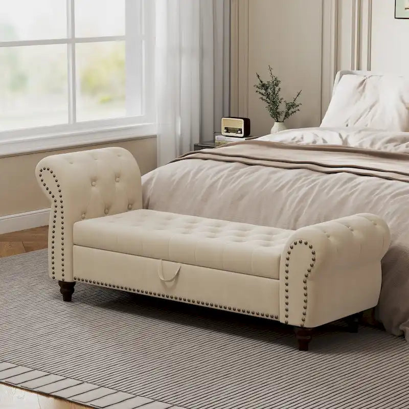 Panca da 64.5 in per camera da letto, chaise longue capitonné con borchie e contenitore, rivestimento in velluto, kaki