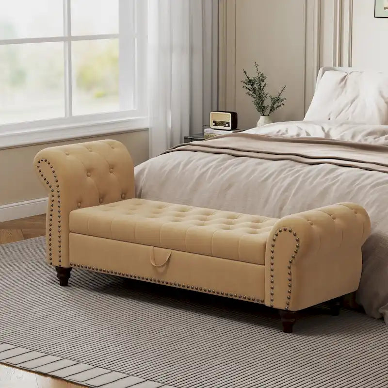 Panca da 64.5 in per camera da letto, chaise longue capitonné con borchie e contenitore, rivestimento in velluto, kaki