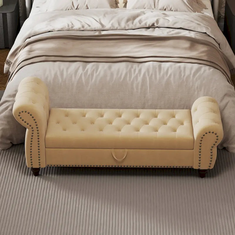 Panca da 64.5 in per camera da letto, chaise longue capitonné con borchie e contenitore, rivestimento in velluto, kaki
