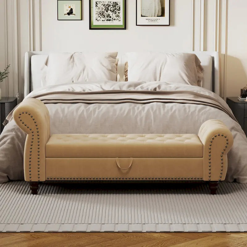 Panca da 64.5 in per camera da letto, chaise longue capitonné con borchie e contenitore, rivestimento in velluto, kaki