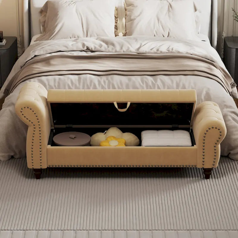 Panca da 64.5 in per camera da letto, chaise longue capitonné con borchie e contenitore, rivestimento in velluto, kaki